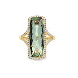 Lady's Yellow 14 Karat Elongated Halo With Split Shank Fashion Fashion Ring With One 9.1Ct Retangular Cushion Green Amethyst And 0.41Tw Round G/H Si1 Diamonds