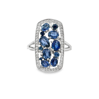 Lady's White 14 Karat Elongated Cluster Fashion Fashion Ring With 0.18Tw Round G/H Si1 Diamonds And 2.89Tw Various Shapes Sapphires