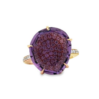 Lady's Yellow 14 Karat Pave' Fashion Fashion Ring Size 7 With One 12.85Ct Various Shapes Amethyst And 0.84Tw Round G/H Si1 Diamonds
