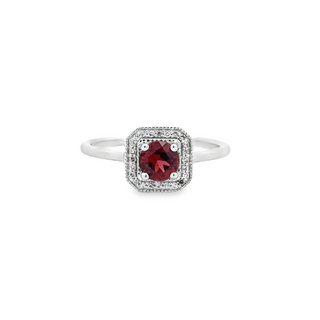 Lady's White 10 Karat Cushion Halo Fashion Fashion Ring With One 0.625Ct Round Garnet And 24 0.08Tw Round G/H I1 Diamonds