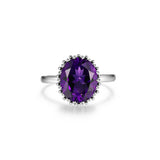 Lady's White Sterling Silver Oval, Prong Set Fashion Ring With One = Oval Amethyst