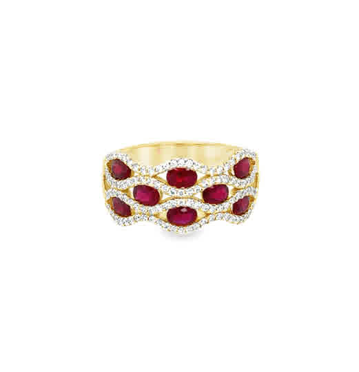 Lady's Yellow 14 Karat Three Row Curved Fashion Ring With 8 = 1.80Tw Oval Rubys And = 0.38Tw Round G/H Si1 Diamonds