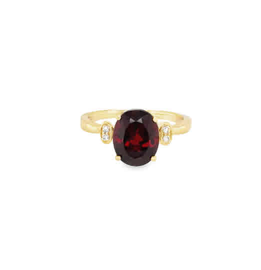 Lady's Yellow 14 Karat Three Stone Style Fashion Ring With One = 2.90Ct Oval Garnet And = 0.06Tw Round G/H Si1 Diamonds