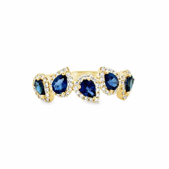 Lady's Yellow 14 Karat Alternating Halo Fashion Ring Size 7 With 5 = 0.95Tw Pear Sapphires And = 0.24Tw Round G/H Si2 Diamonds