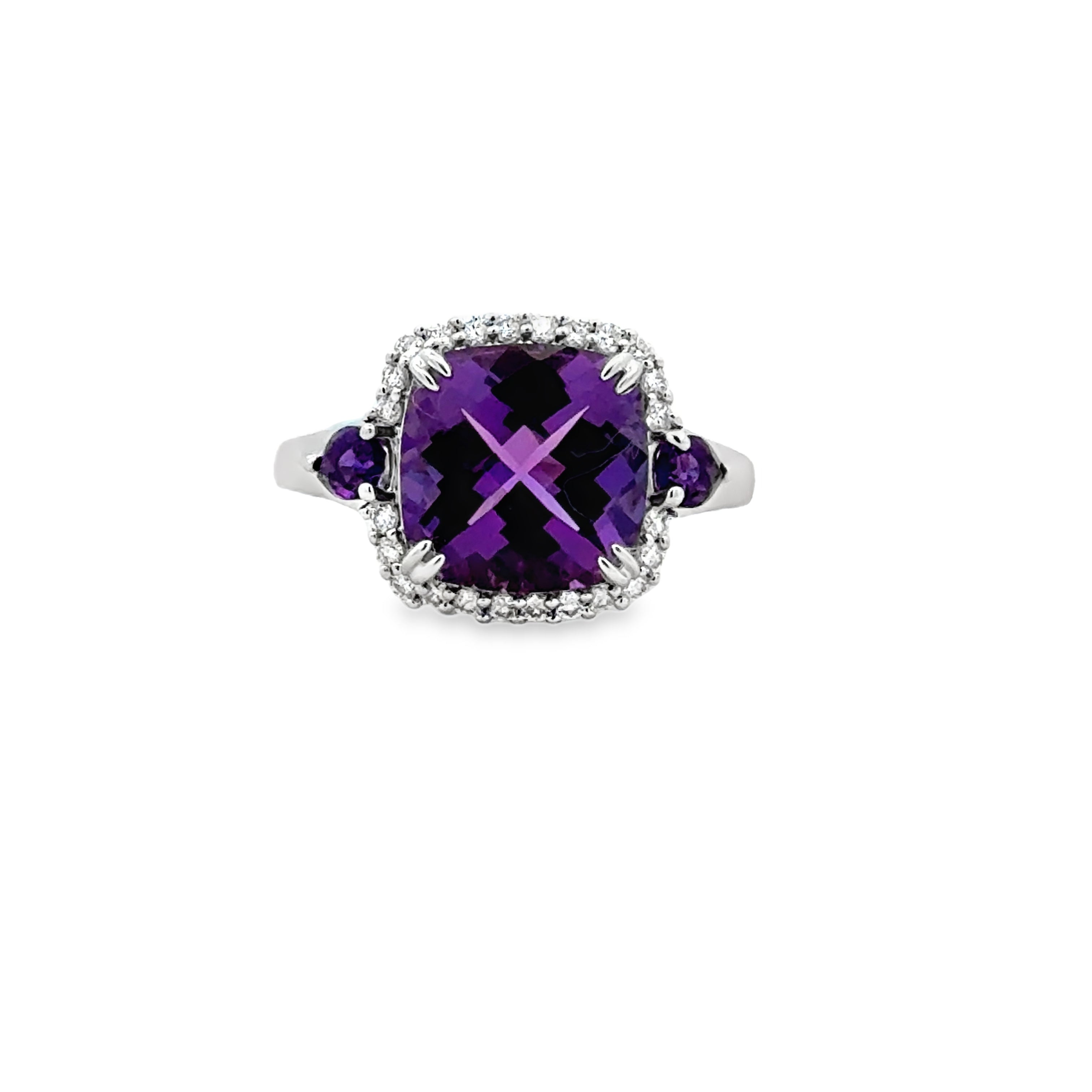 Lady's White 14 Karat Cushion Halo, Forever Young Collection Fashion Ring = 3.85tw Various Shapes Amethysts
= 0.22tw Round G/H SI1 Diamonds