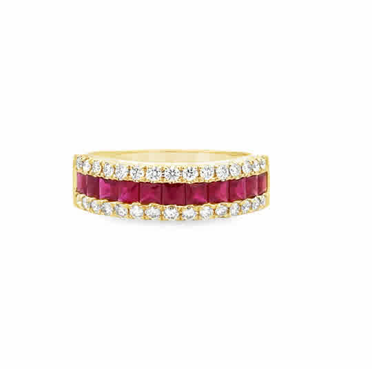 Lady's Yellow 14 Karat Three Row Fashion Ring Size 7 11 = 1.00tw Princess Rubys
= 0.46tw Round H/I SI1 Diamonds