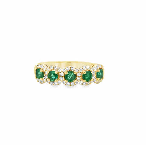 Lady's Yellow 14 Karat Halo Stations Fashion Ring Size 7 5 = 0.56tw Round Emeralds
= 0.32tw Round G/H SI2 Single Cut Diamonds