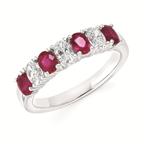 Lady's White 14 Karat Seven Stone Fashion Ring Size 6.5 With 4 = 1.00Tw Oval Rubys And 3 = 0.48Tw Oval Diamonds