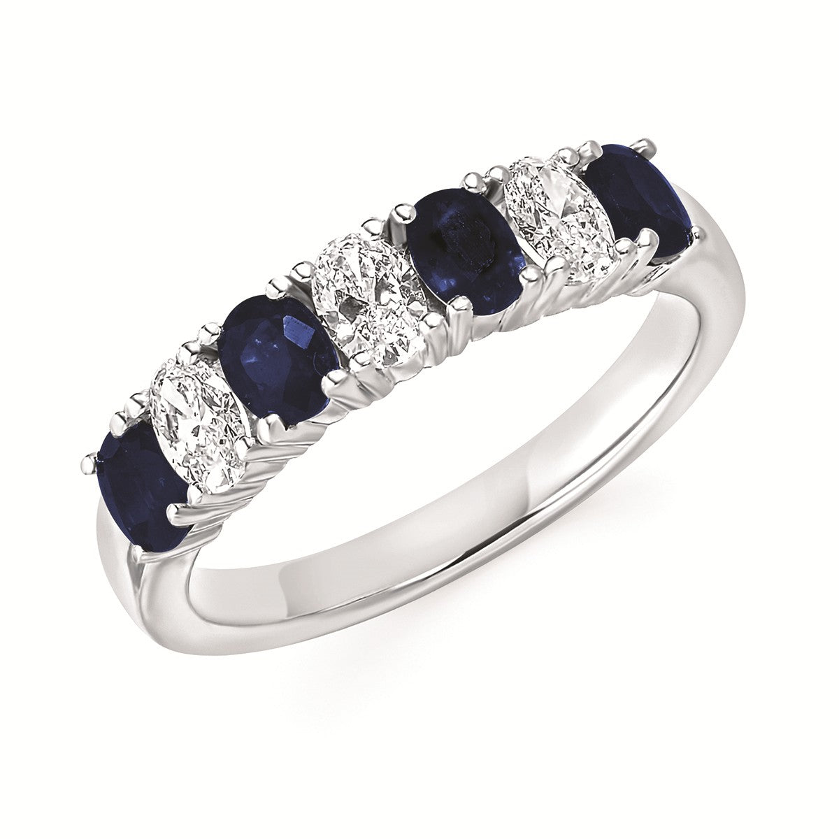 Lady's White 14 Karat Seven Stone Fashion Ring Size 6.5 4 = 1.00tw Oval Sapphires
3 = 0.48tw Oval Diamonds
