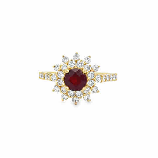 Lady's Yellow 14 Karat Round, Double Halo Fashion Ring Size 7 With One = 0.90Ct Round Ruby And = 0.91Tw Round G/H Si1 Diamonds