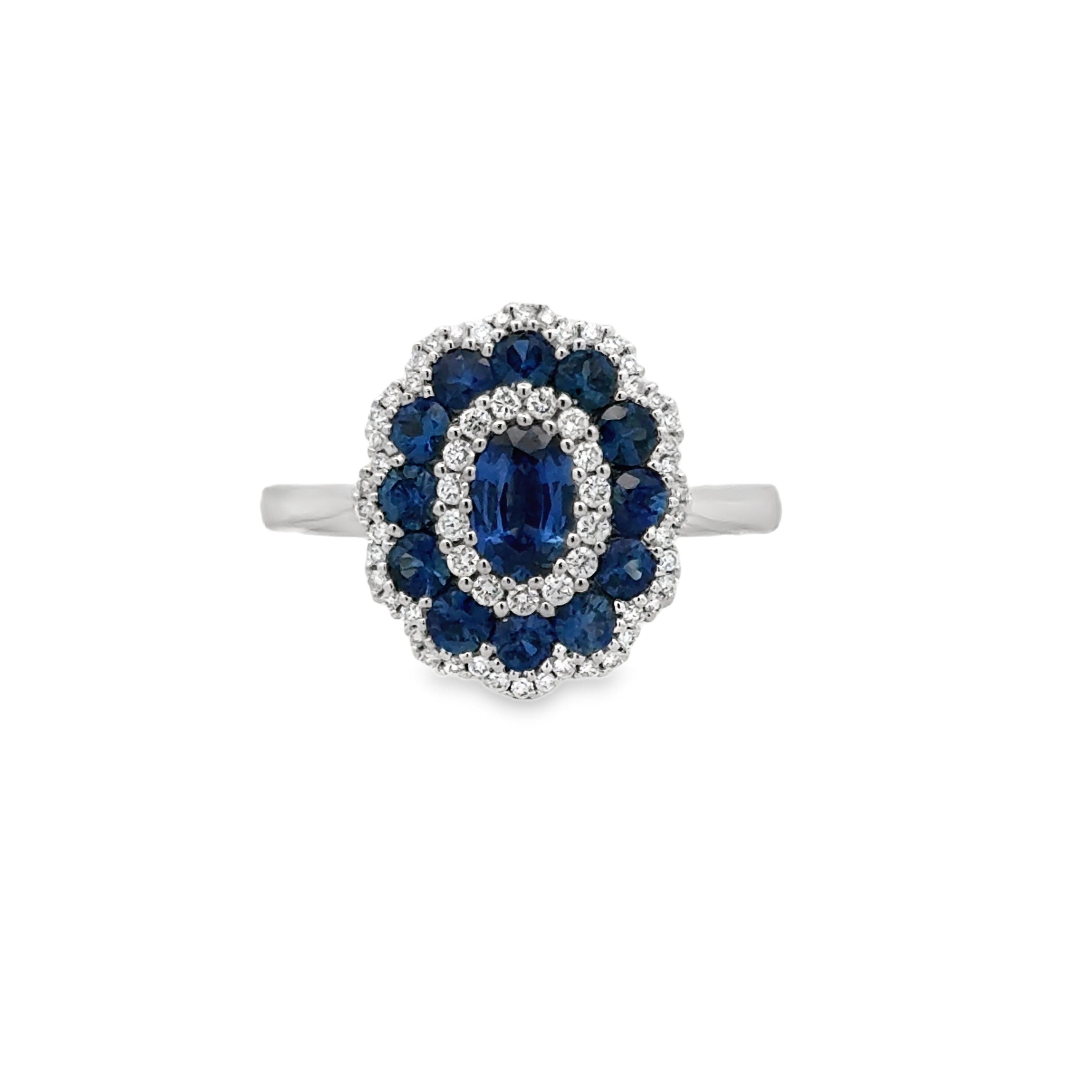 Lady's White 14 Karat Scalloped Halo Fashion Ring Size 7 = 1.33tw Round Sapphires
= 0.23tw Round G/H SI1 Diamonds