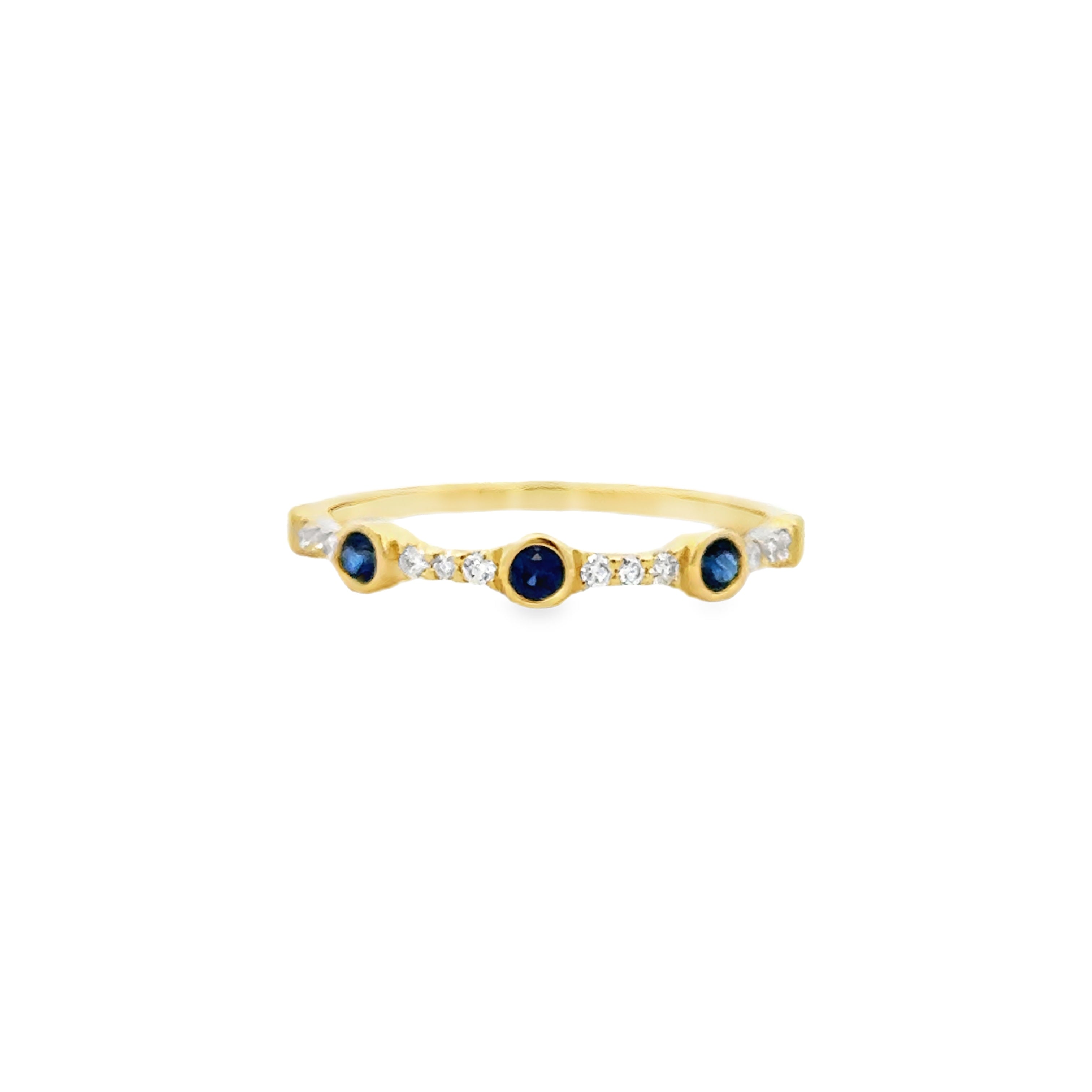 Lady's Yellow 14 Karat Bezel & Prong Stackable Fashion Ring Size 7 With 3 = 0.16Tw Round Sapphires And = 0.09Tw Round G/H Si1 Diamonds