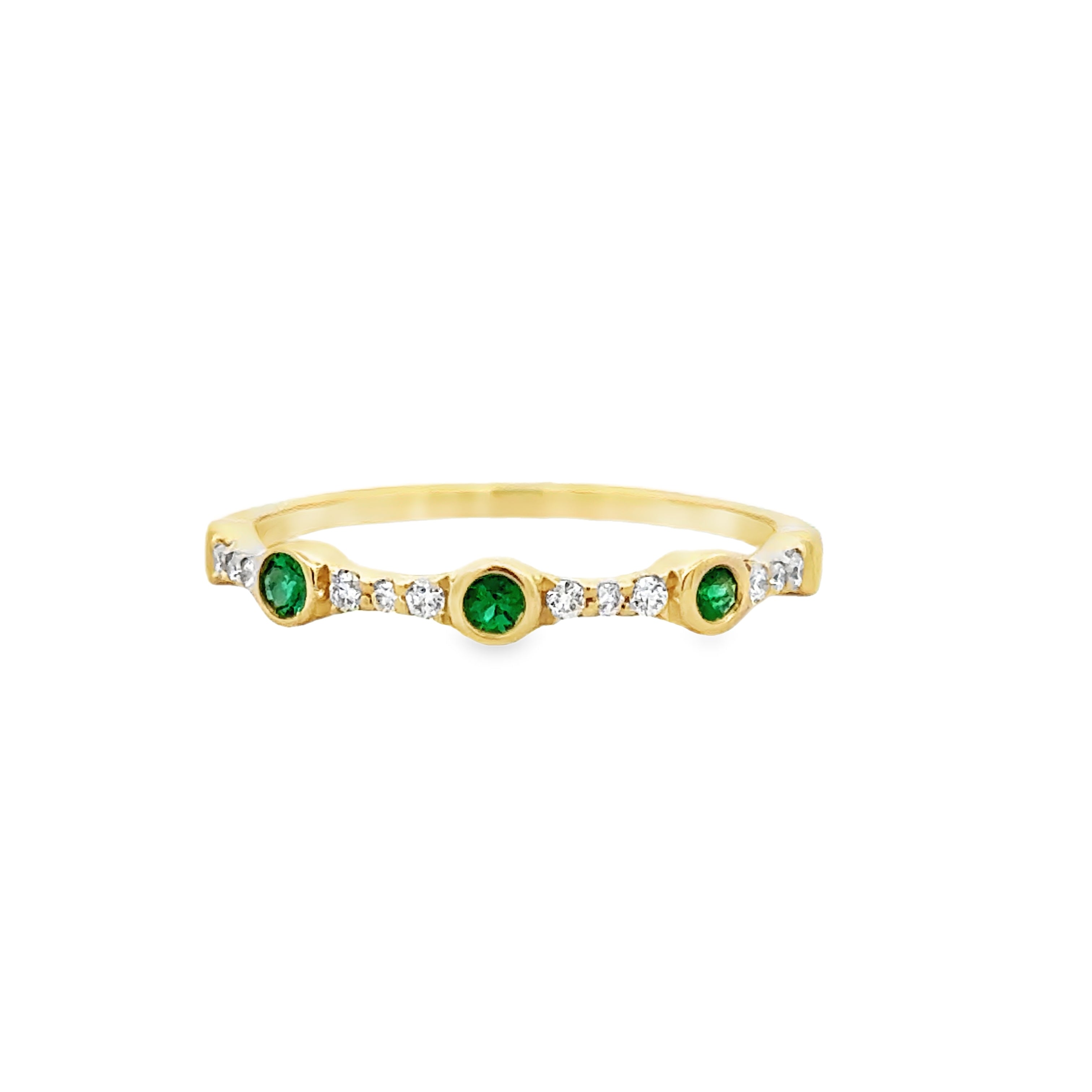 Lady's Yellow 14 Karat Bezel & Round Stackable Fashion Ring Size 7 With 3 = 0.11Tw Round Emeralds And = 0.09Tw Round G/H Si1 Diamonds