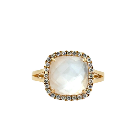 Lady's Yellow 18 Karat Cushion Halo Fashion Ring Size 6.5 one = 4.97ct Cushion Clear Quartz Over Mother Of Pearl
28 = 0.21tw Round G/H SI1 Diamonds