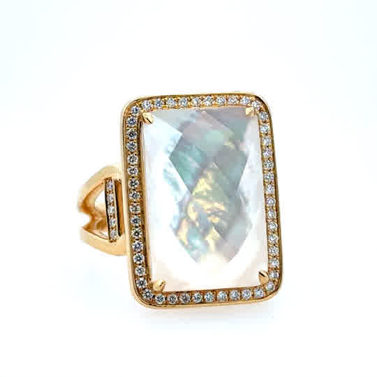 Lady's Yellow 18 Karat Elongated Halo With Modern Split Shank Fashion Ring Size 6.5 With One = 12.24Ct Retangular Cushion Clear Quartz Over Mother Of Pearl And 60 = 0.26Tw Round G/H Si1 Diamonds