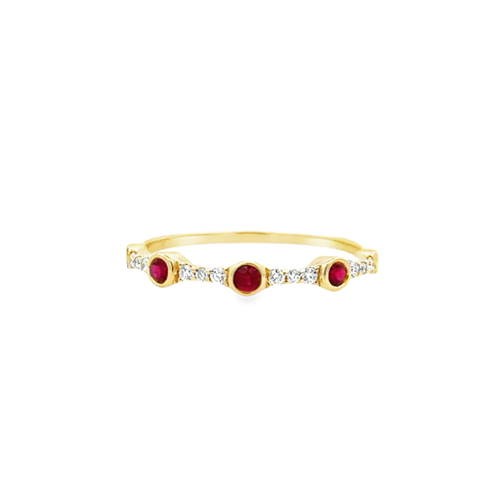 Lady's Yellow 14 Karat Bezel, Stackable Fashion Ring 3 = 0.15tw Round Rubys
= 0.09tw Round G/H SI1 Diamonds