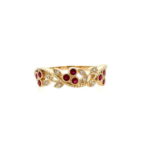 Lady's Yellow 14 Karat Floral Vine Stackable Fashion Ring 9 = 0.22tw Round Rubys
= 0.28tw Round G/H SI1 Diamonds