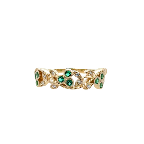 Lady's Yellow 14 Karat Floral Vine, Stackable Fashion Ring 9 = 0.17tw Round Emeralds
= 0.06tw Round G/H SI1 Diamonds