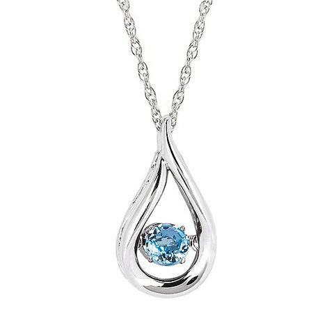 Lady's White Sterling Silver Shimmering Teardrop Pendant Necklace With One = 0.24Ct Round Blue Topaz
