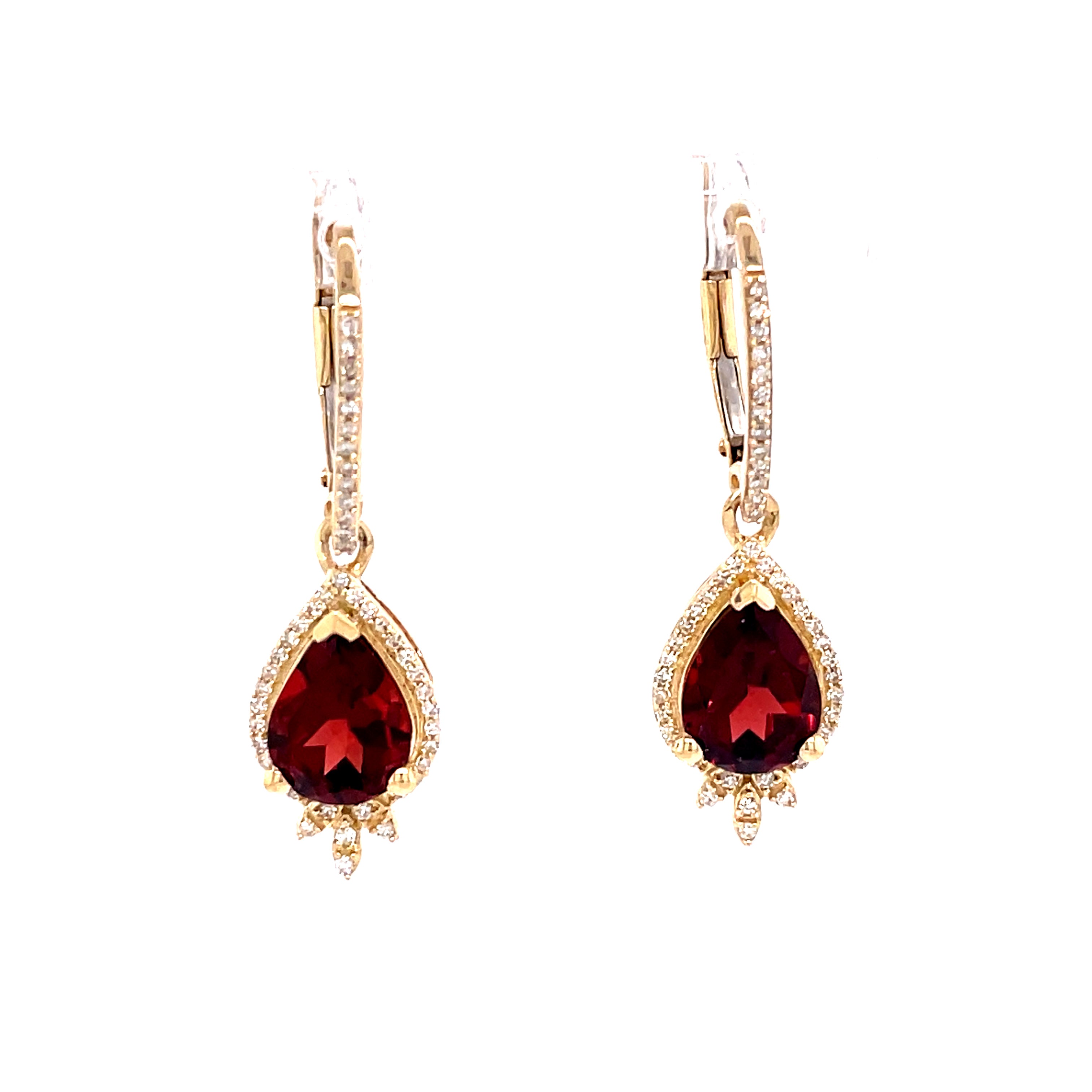 Lady's Yellow 14 Karat Teardrop Dangle Earrings With 2=2.55Tw Pear Garnets And 0.21Tw Round H/I Si2 Diamonds