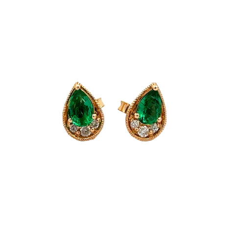 Lady's Yellow 14 Karat Teardrop Studs Earrings With 2=1.00Tw Pear Emeralds And 0.10Tw Round H/I I1 Diamonds