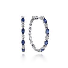 Lady's White 14 Karat Alternating Hoops, 30Mm Earrings With 8 = 1.31Tw Marquise Sapphires And 10 = 0.34Tw Round G/H Si2 Diamonds