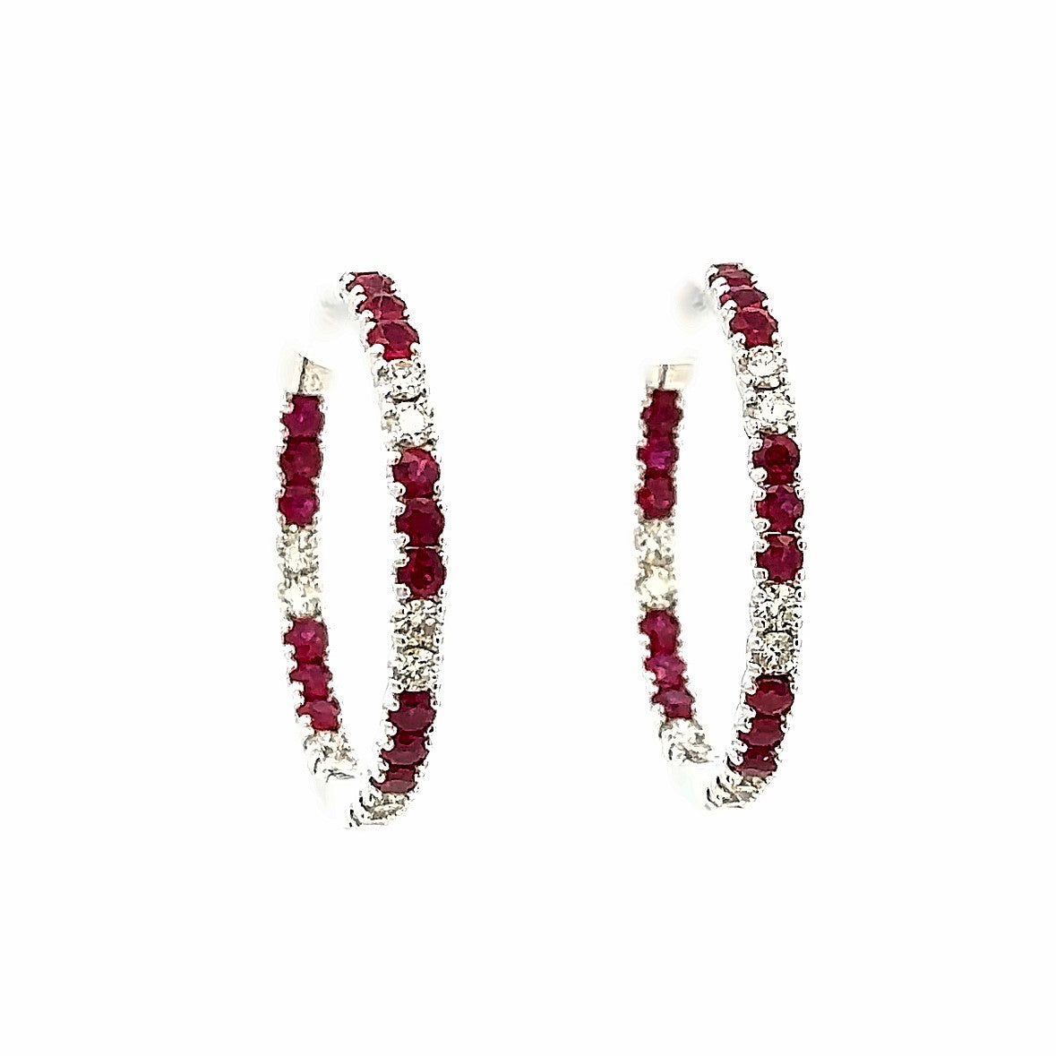 Lady's White 14 Karat Large, Inside Out Hoop Earrings With = 1.34Tw Round Rubys And 20 = 0.84Tw Round H/I Si2 Diamonds
