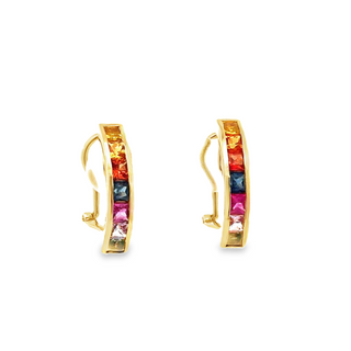 Lady's Yellow 14 Karat Half Bezel, Multi Earrings With 2.64Tw Princess Sapphires