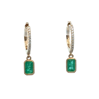 Lady's Yellow 14 Karat Satin Bezel Set Dangles With Prong Set Hoops Earrings With 2 0.43Tw Emerald Emeralds And 0.08Tw Round G/H Si1 Diamonds