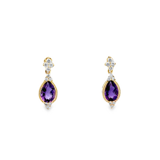 Lady's Yellow 14 Karat Teardrop Dangles Earrings With 2 0.98Tw Pear Amethysts And 0.12Tw Round G/H Si1 Diamonds