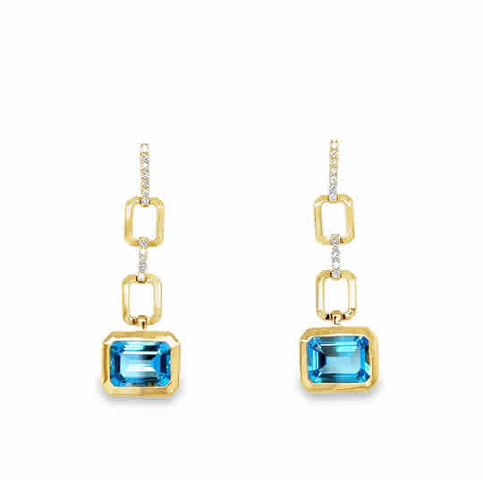 Lady's Yellow 14 Karat Bezel Set Dangles Earrings With 2 = 3.20Tw Emerald Blue Topazs And = 0.12Tw Round G/H Si1 Diamonds