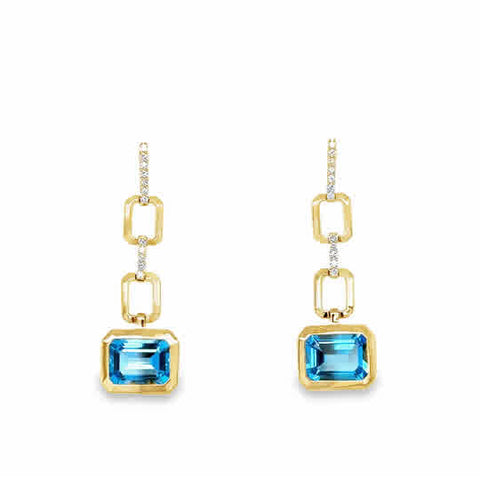Lady's Yellow 14 Karat Bezel Set Dangles Earrings With 2 = 3.20Tw Emerald Blue Topazs And = 0.12Tw Round G/H Si1 Diamonds