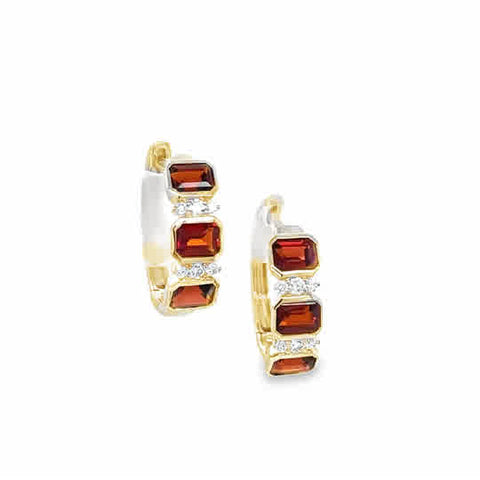 Lady's Yellow 14 Karat Alternating Hoop Earrings With 6 = 1.50Tw Emerald Garnets And = 0.11Tw Round G/H Si1 Diamonds