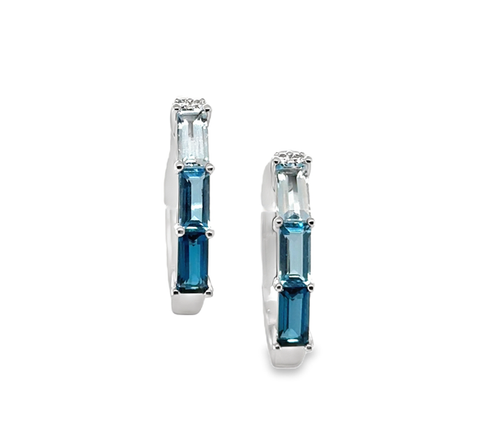 Lady's White 14 Karat Hoops Earrings With 6=2.51Tw Baguette Blue Topazs And 0.04Tw Round G/H Si1 Diamonds