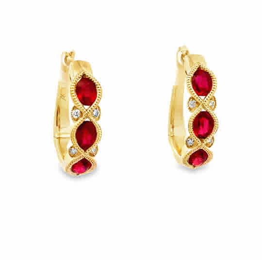 Lady's Yellow 14 Karat Crossover Hoop Earrings With 6 = 1.20Tw Oval Rubys And = 0.05Tw Round G/H Si1 Diamonds