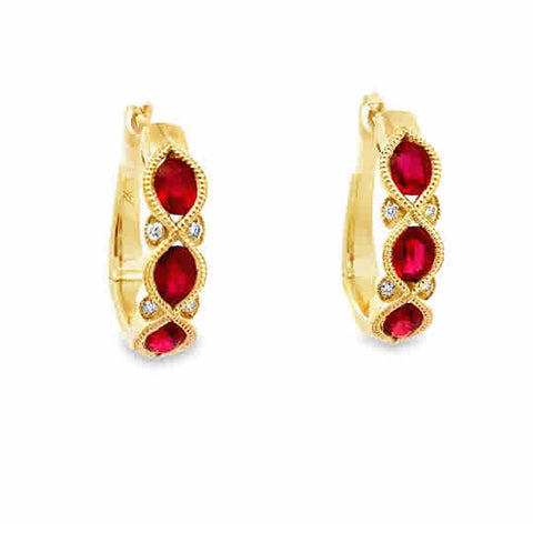 Lady's Yellow 14 Karat Crossover Hoop Earrings With 6 = 1.20Tw Oval Rubys And = 0.05Tw Round G/H Si1 Diamonds