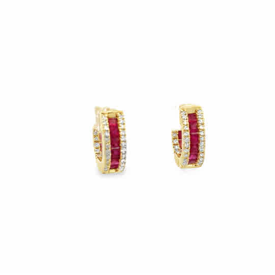 Lady's Yellow 14 Karat Three Row, Hoops Earrings = 1.17tw Princess Rubys
= 0.38tw Round H/I SI2 Diamonds