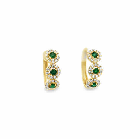 Lady's Yellow 14 Karat Halo Station, Hoops Earrings 6 = 0.45tw Round Emeralds
= 0.46tw Round H/I SI2 Diamonds