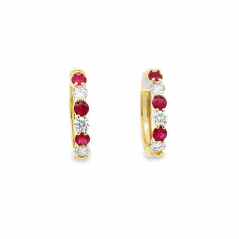 Lady's Yellow 14 Karat Prong Set Hoops Earrings 6 = 0.96tw Round Rubys
6 = 0.88tw Round H/I SI2 Diamonds