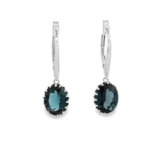 Lady's White Sterling Silver Oval Dangle Earrings 2 = Oval London Blue Topazs