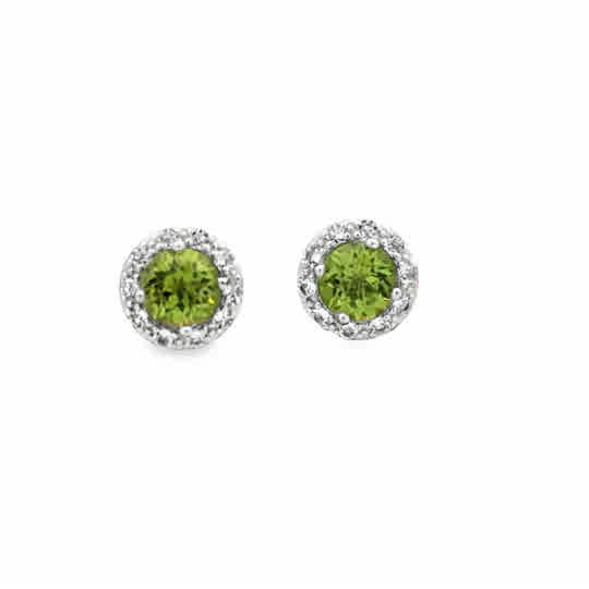 Lady's White Sterling Silver Rhodium Plated Round Halo Studs Earrings 2 = 5.00mm Round Peridots
= Round White Topazs