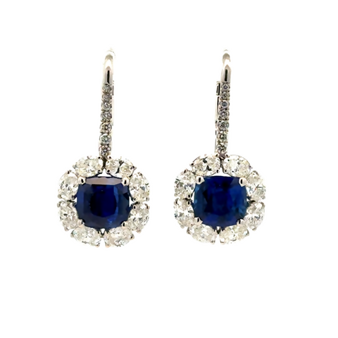 Lady's White 18 Karat Modern Halo Dangle Earrings one = 2.14ct Cushion Sapphire
one = 2.52ct Cushion Sapphire
16 = 2.28tw Oval G/H SI1 Diamonds
14 = 0.13tw Round G/H SI1 Diamonds