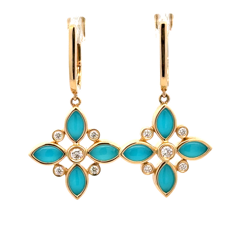Lady's Yellow 18 Karat Bezel Dangles Earrings 8 = 3.16tw Marquise Clear Quartz Over Turquoises
10 = 0.23tw Round G/H SI1 Diamonds