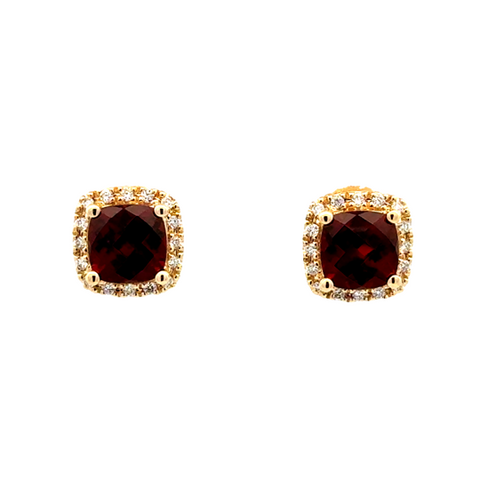 Lady's Yellow 14 Karat Cushion Halo Studs Earrings 2 = 2.60tw Cushion Garnets
32 = 0.16tw Round G/H SI1 Diamonds