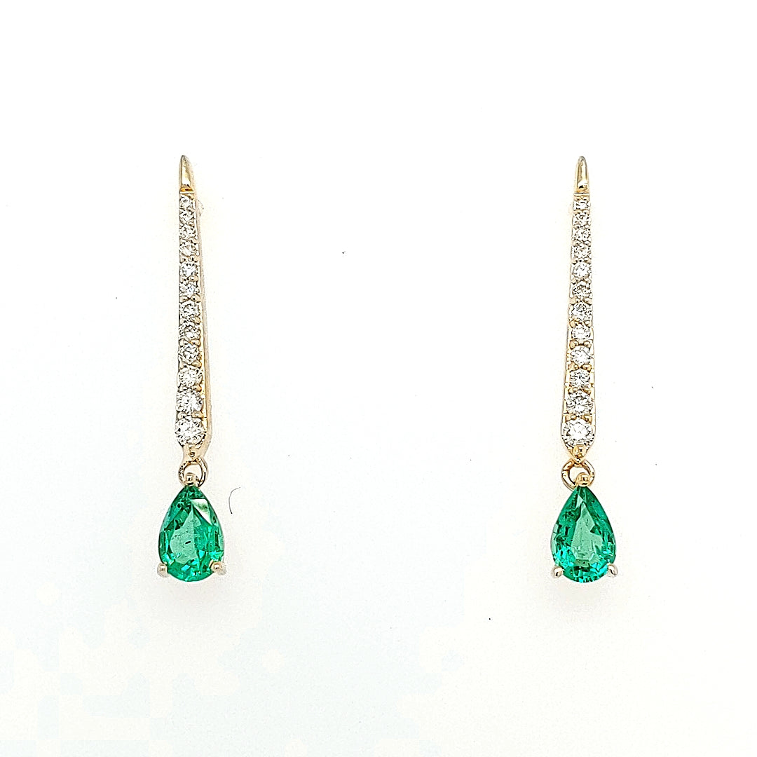 Yellow Polished 14 Karat Teardrop Dangle Fashion Earrings Other With 2=0.80Tw Pear Emeralds And 24=0.23Tw Round H/I Si2 Diamonds