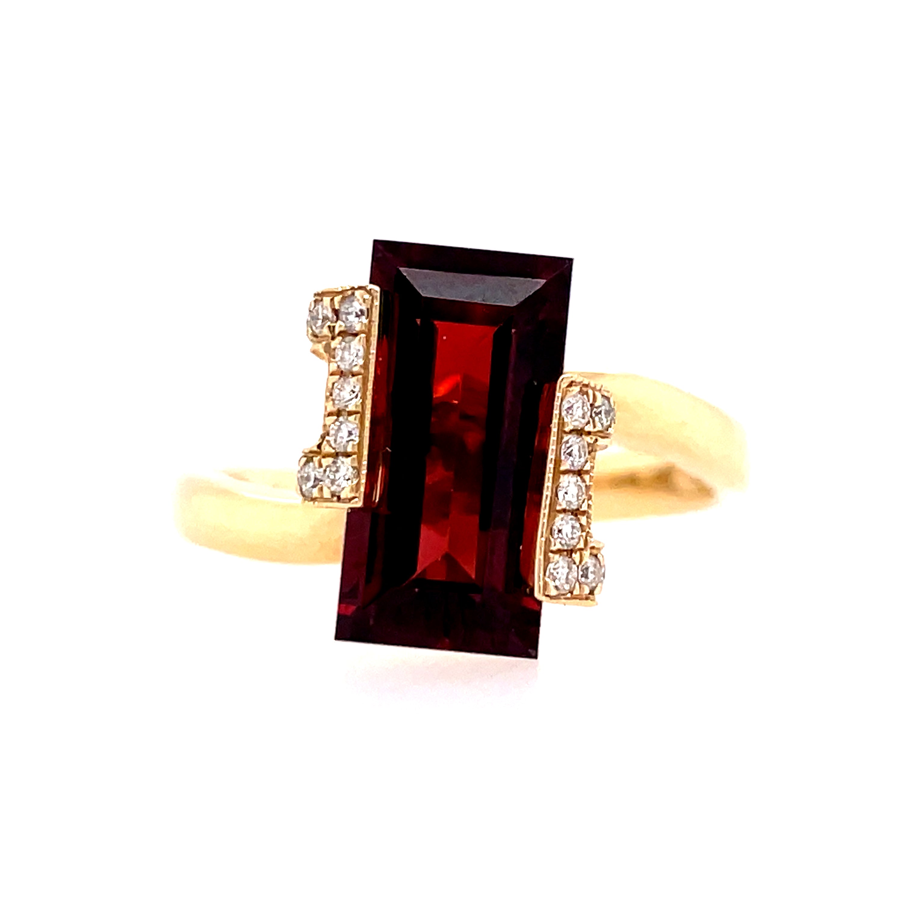 Lady's Yellow 14 Karat Modern Fashion Ring Size 7 With One 3.60Ct Baguette Garnet And 34=0.20Tw Round H/I Si1 Diamonds, Regularlly $1800.00 Vendor Price $900.00

Purchases made from our Vendor Price case are not eligible for "complimentary" services. St
