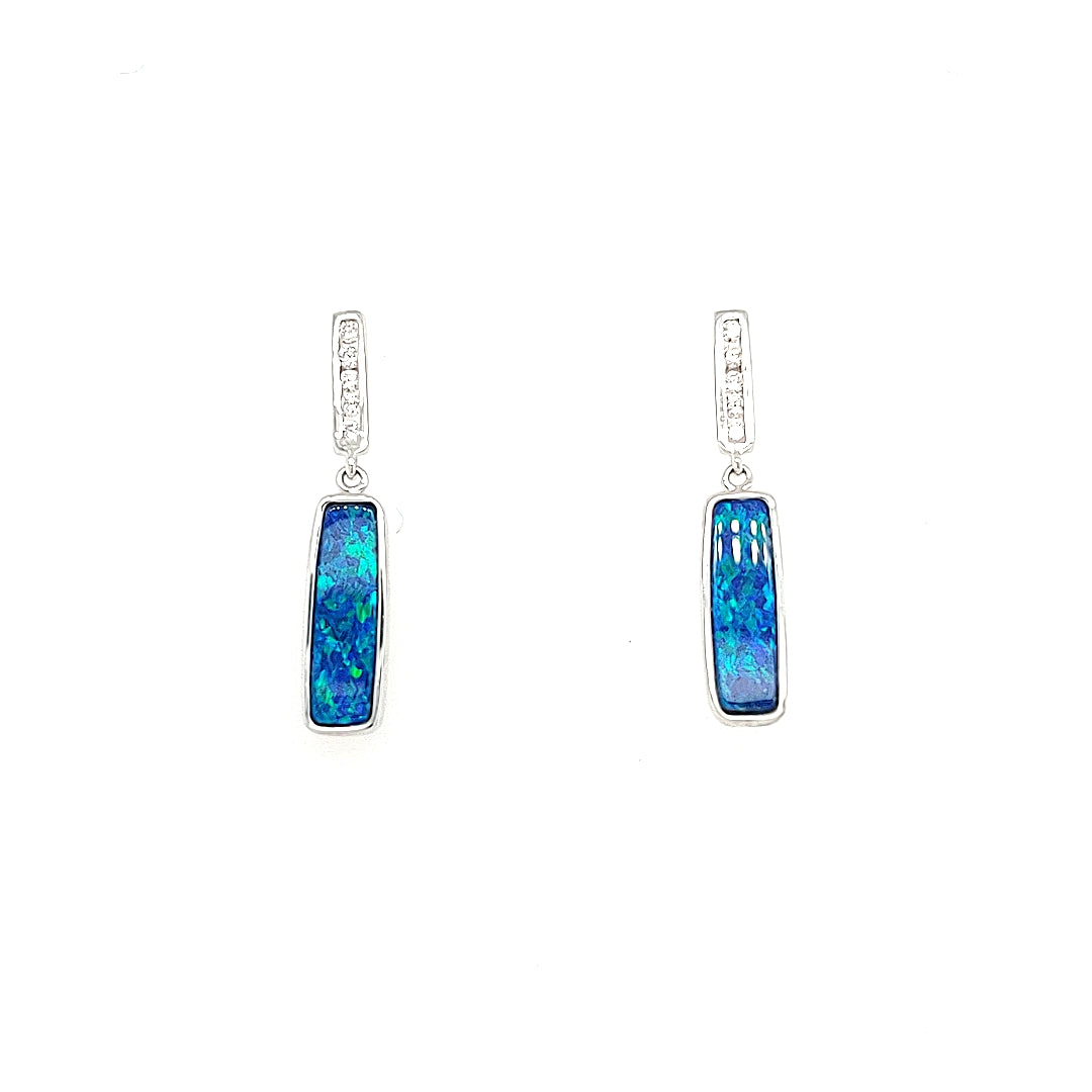 Lady's White 14 Karat Australian Doublet, Bezel Set Earrings With 10=0.18Tw Round J/K Si3 Diamonds And 2= Various Shapes Opals
