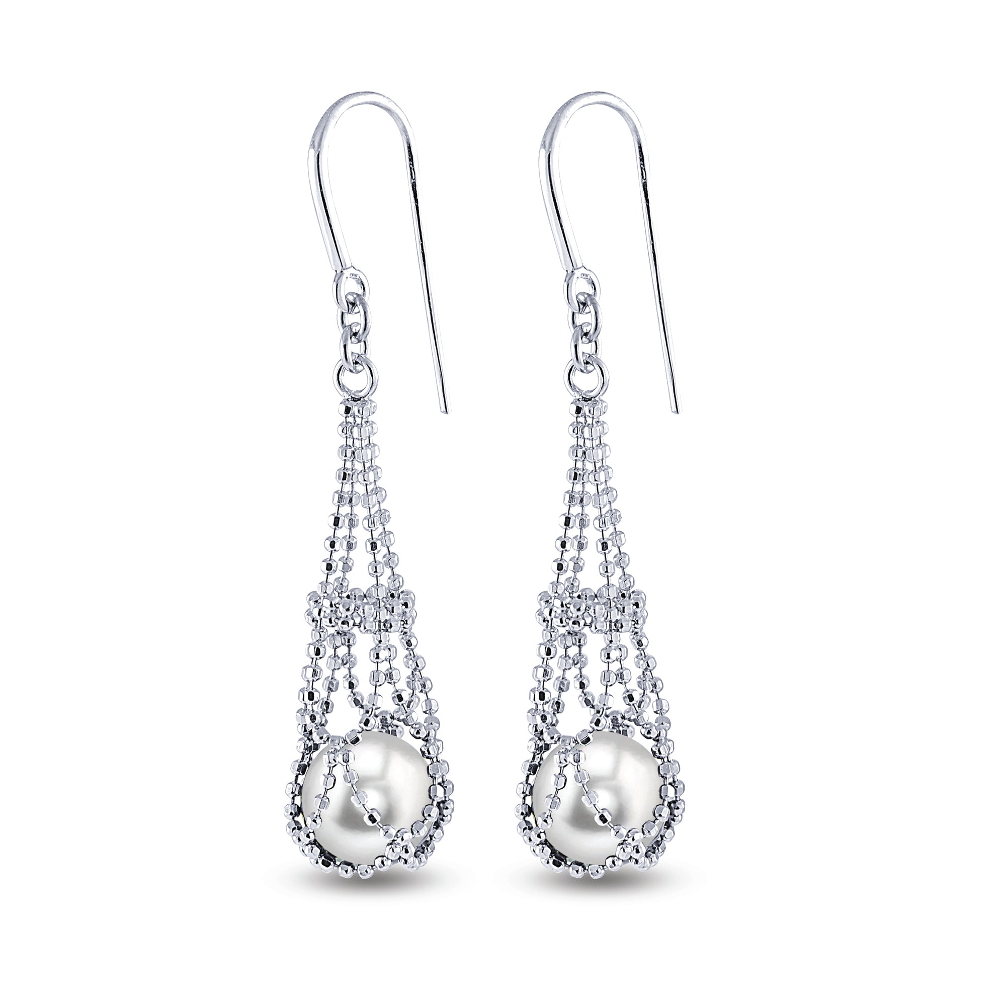 Lady's White Sterling Silver Lace Dangle Earrings Earrings With 2=8.00-8.50Mm Fresh Water Pearls