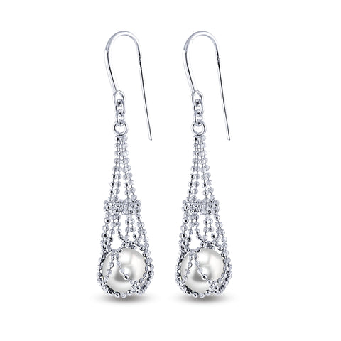 Lady's White Sterling Silver Lace Dangle Earrings Earrings With 2=8.00-8.50Mm Fresh Water Pearls