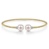 Lady's Yellow 14 Karat Bujukan With Diamond Caps Bracelet Length 6.5 With 2 Fresh Water Pearls And 10 0.05Tw Round H/I Si2 Diamonds
